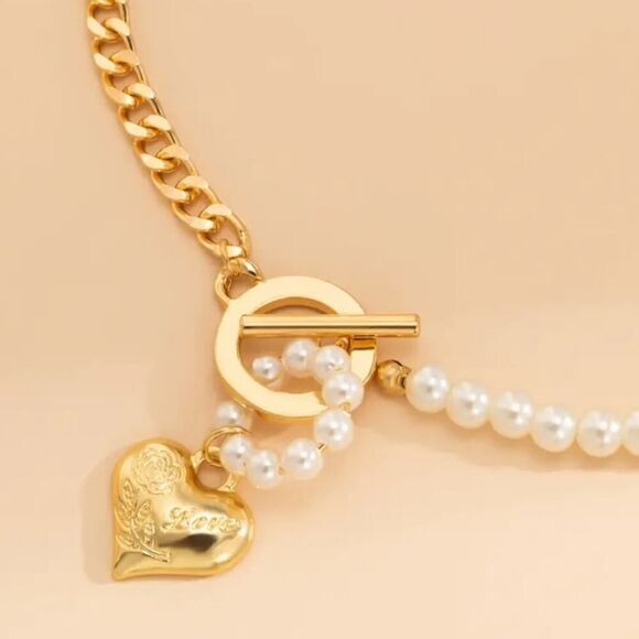 Pearl Necklace with Toggle Clasp Heart Link Chain Choker Pearl Jewelry - Picture 6 of 11